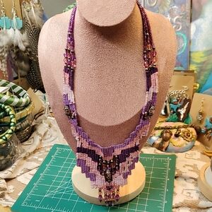 Shades Of Purple Woven Beaded Artist Created Bib Necklace OOAK
